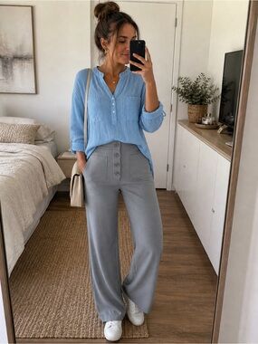 Light Blue Blouse with Gray Wide-Leg High-Waist Pants Outfit Set